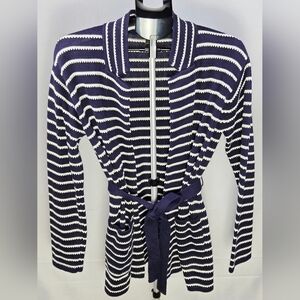 Talbots Supersoft Belted Striped Coastal Prep Quiet Luxury Cardigan, Medium